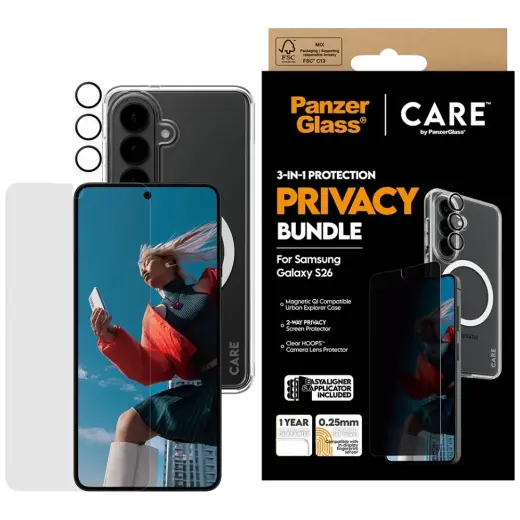 CARE by PanzerGlass 3-in-1 privaatsuse kaitsekomplekt (ümbris + privaatsuse ekraani klaas + kaamera klaas) telefonile Samsung Galaxy S26 (S942)