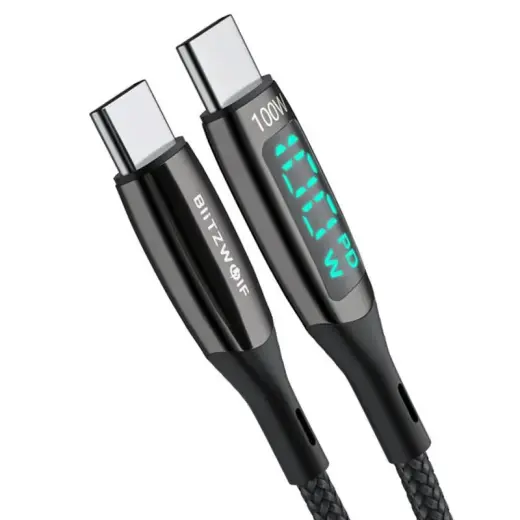BlitzWolf BW-TC23 datu pārraides un uzlādes vads | USB-C uz USB-C | 100W | ar LED ekrānu | 1.8m | melns