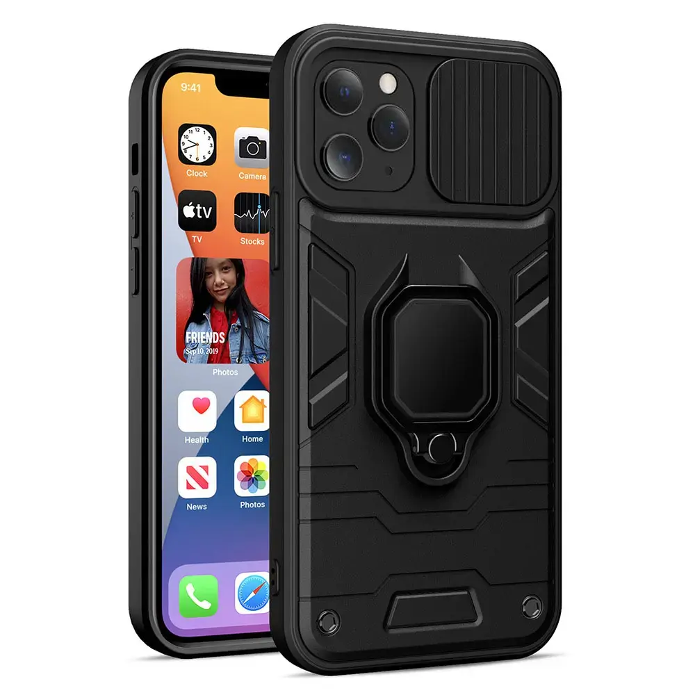 Ring Lens maciņš ar statīvu telefonam iPhone 14 Plus melns (ar kameras aizsargu)