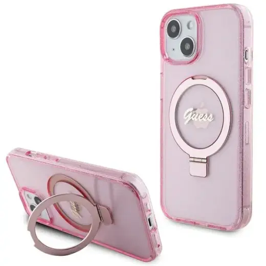 Guess GUHMP15MHRSGSP iPhone 15 Plus | 14  Plus 6.7" różowy|pink hardcase Ring Stand Script Glitter MagSafe