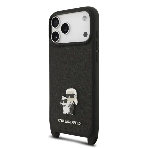 Karl Lagerfeld Saffiano Crossbody Strap Metal Karl and Choupette Case for iPhone 17 Pro Max Black