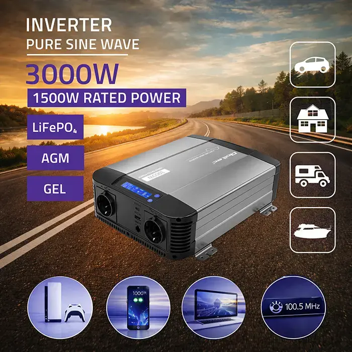 Qoltec Pure Sine Wave Inverter | 12V to 230V | 1500/3000W | LCD | USB | USC-C | Compatible with LiFePO4 GEL AGM