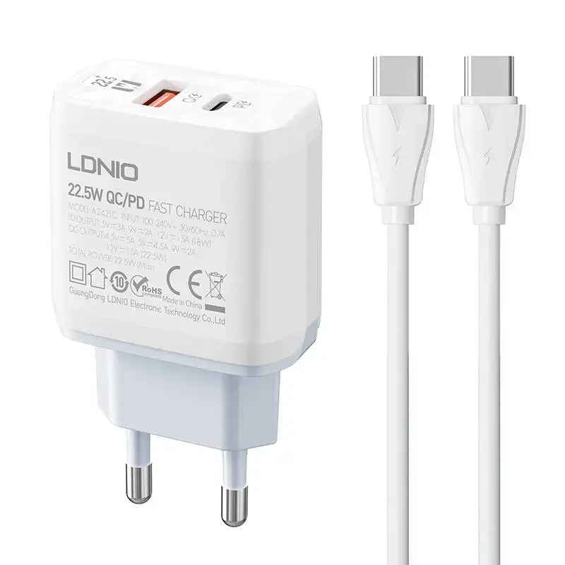 Wall charger  LDNIO A2421C USB, USB-C 22.5W + USB-C - USB-C cable