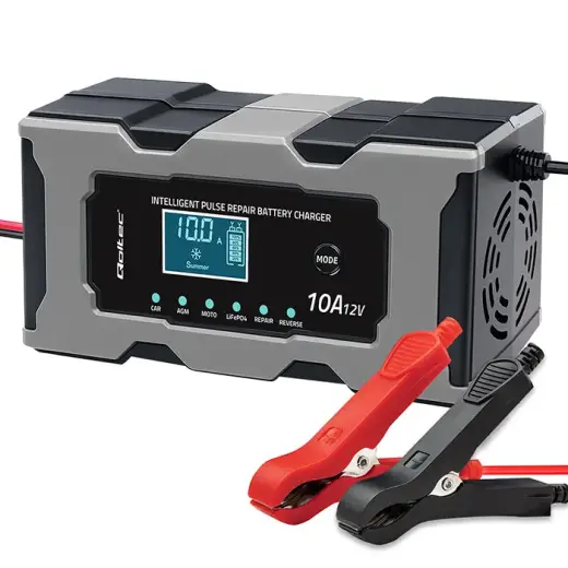 Qoltec Intelligent microprocessor charger 12V 10A | Rectifier with repair function for AGM GEL LiFePO4 battery | LCD