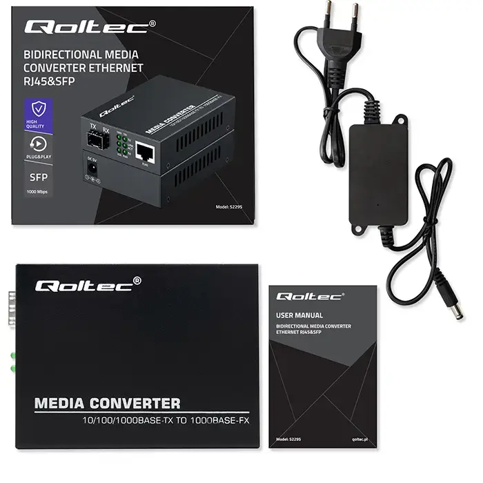Qoltec Bidirectional Ethernet SWITCH Media Converter 1x RJ45 1x SFP| 1000Mbps | 5V