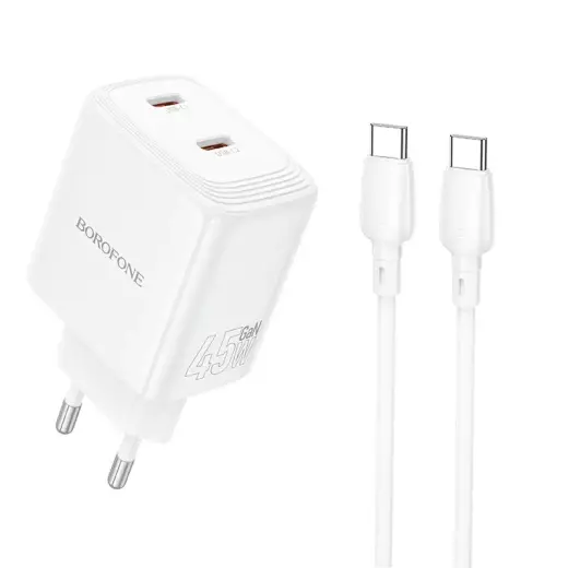 Borofone Wall charger BN31 Cargador GaN - 2xType C - QC 3.0 PD 45W with Type C to Type C cable white