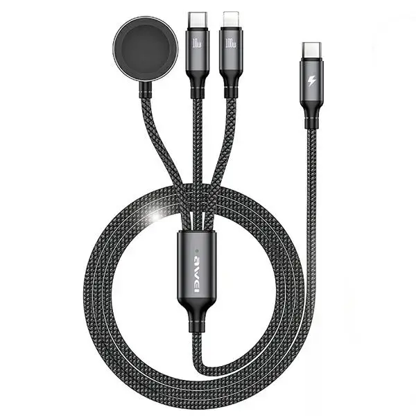 AWEI W23 3-in-1 datu pārraides un uzlādes vads | USB-C uz Lightning | 100W | melns