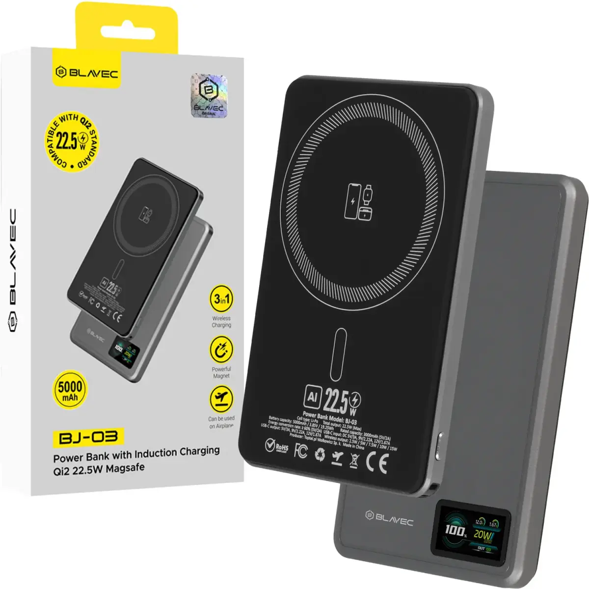 Blavec BJ-03 Ultra Slim 7,8mm ārējais akumulators (powerbank) | 5000 mAh | 22.5W | USB-C, MagSafe | LED ekrāns | pelēks