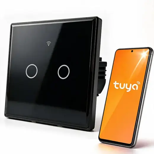 Qoltec Smart Touch 2-Gang Light Switch | Wi-Fi | Timer | Tuya | Smart Life | Tempered Glass | Black