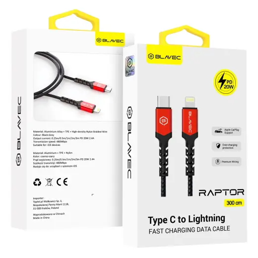 Blavec Raptor CRA-CL24BR30 провод для передачи данных и зарядки | USB-C на Lightning | PD | 20W | 3m | чёрный, красный