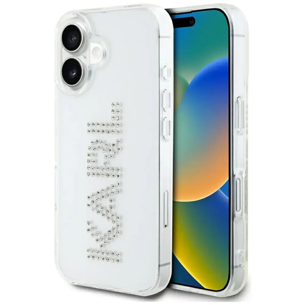 Karl Lagerfeld IML Rhinestones Logo telefona maciņš priekš iPhone 16 caurspīdīgs