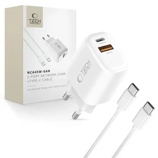 Tech-Protect NCA45W-GAN reisilaadija | 45W | PD, QC, GaN | USB-C, USB-A | USB-C kuni USB-C kaabliga komplektis | valge