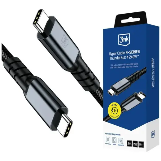 3MK Hyper N-SERIES andmeedastus- ja laadimiskaabel | USB-C kuni USB-C | 240W | Thunderbolt 4 | 2m | must