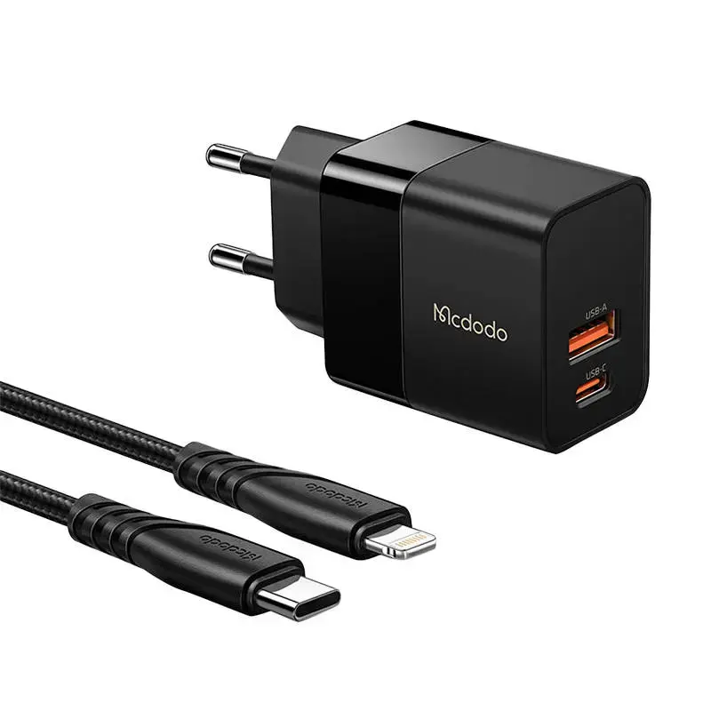 Mcdodo CH-1952 reisilaadija | 20W | USB-A, USB-C | Lightning kaabel komplektis | must