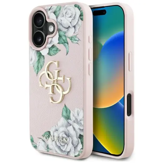 Guess Grained Roses Big 4G logo phone case for iPhone 16 pink