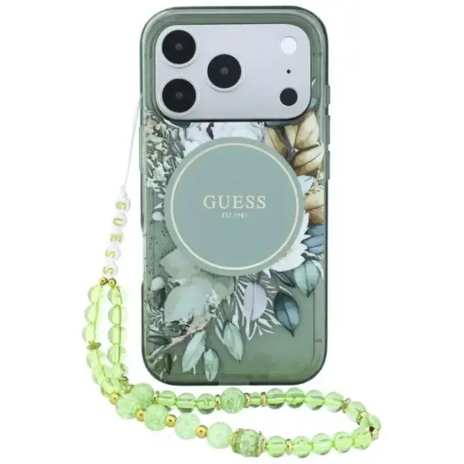 Guess IML Flowers Pearl Strap MagSafe Case for iPhone 18 Pro Max / 17 Pro Max - Green