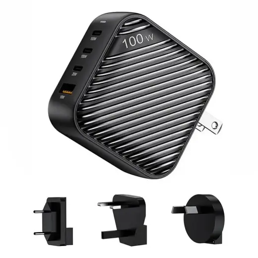 INVZI GanHub зарядное устройство | 100W | GaN | USB-C, USB-A | универсальный адаптер AU/EU/UK/US | черное