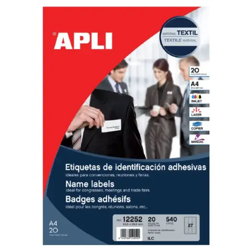 Uzlīmes APLI tekstīlam, ar izmēru 63.5x29.6mm, 20 loksnes/540 uzlīmes