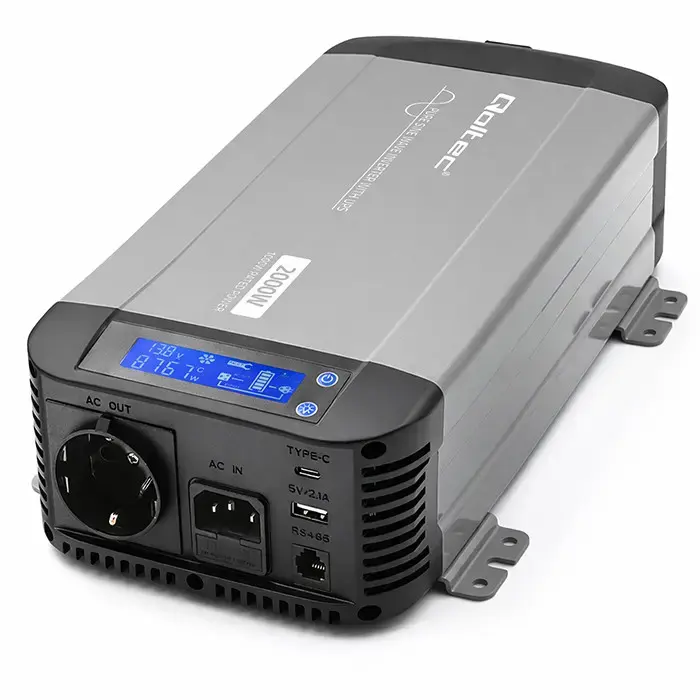 Qoltec Pure Sine Wave Inverter with UPS | 12V to 230V | 1000/2000W | LCD | USB | USB-C | Compatible with LiFePO4 GEL AGM