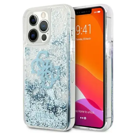 Guess Big Liquid ar spīdumiem telefona maciņš priekš iPhone 13 Pro zils ar cieto apvalku un 4G