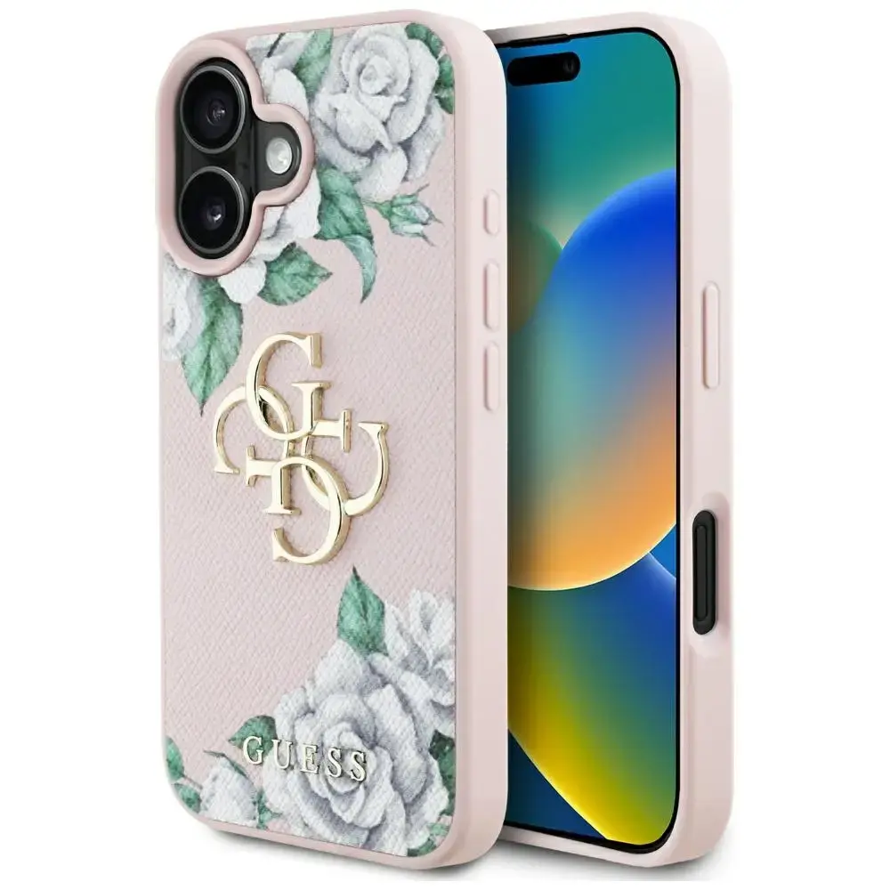Guess Grained Roses Big 4G logo telefona maciņš iPhone 16 rozā