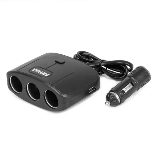 Triple extension socket charger 2x USB A ON/OFF button 12/24V 100W 70cm AMIO-04362