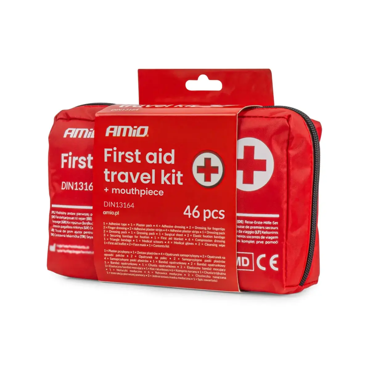 First aid kit in a soft case, compliant with DIN 13164, with mouthpiece AMIO-05014