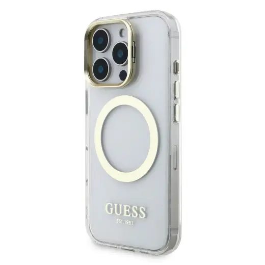 Guess IML Gold Outline Stand Camera Frame MagSafe Case for iPhone 16 Pro Transparent