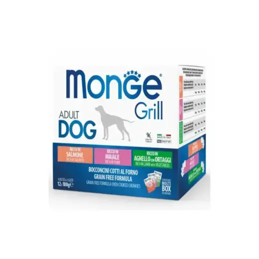 Monge Dog Grill Pouches Multipack Lamb with Vegetables, Pork, Salmon 12 × 100 g — wet food multipack with lamb and vegetables, pork, and salmon for adult dogs.