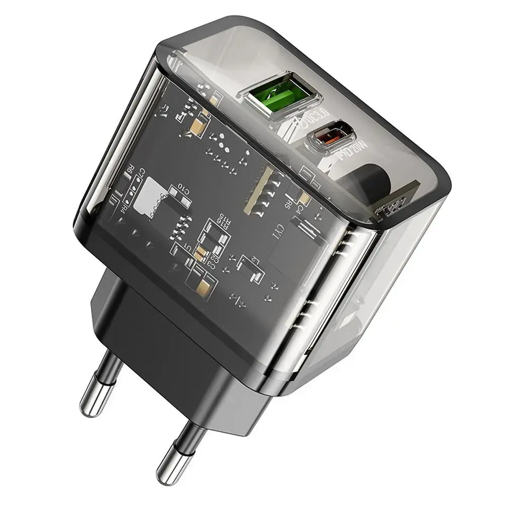 HOCO N34 tīkla lādētājs | 20W | PD, QC, PPS | USB-C, USB-A | caurspīdīgs