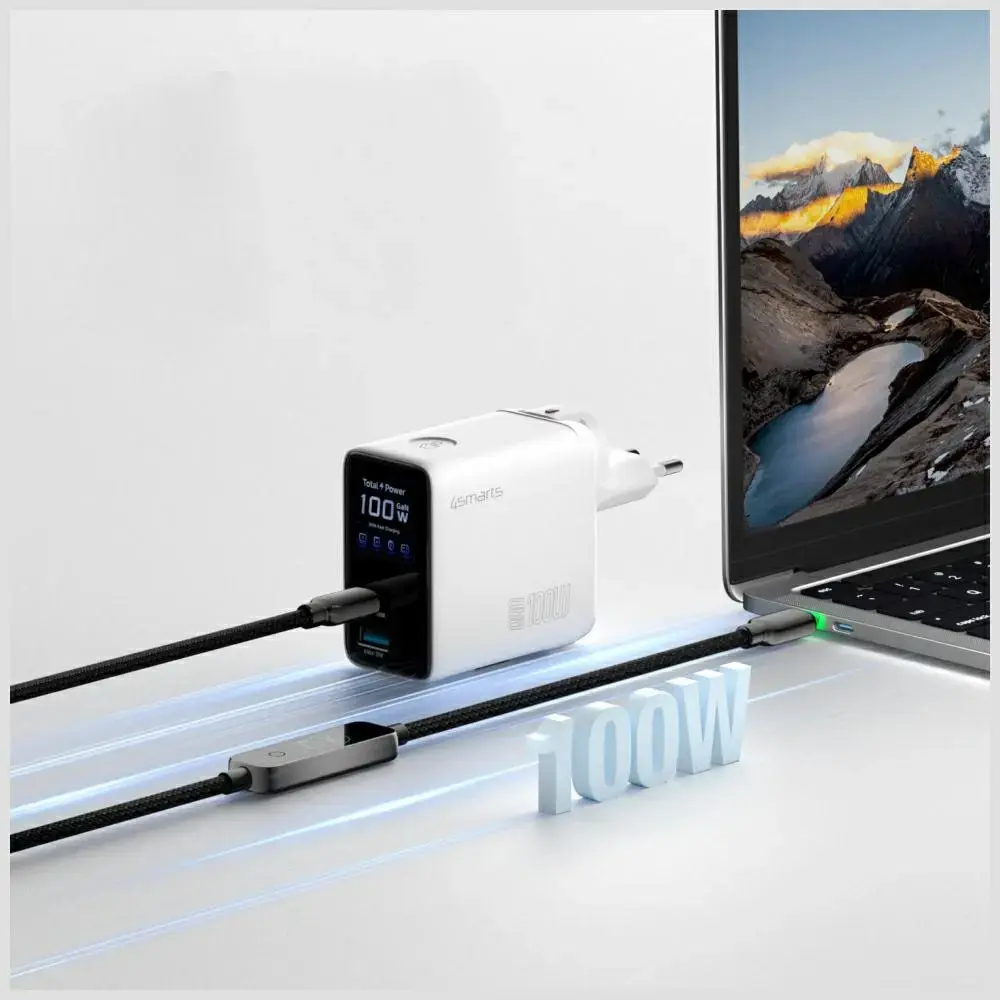 4smarts GaN Flex Screen AI tīkla lādētājs | 100W | GaN | USB-C, USB-A | balts