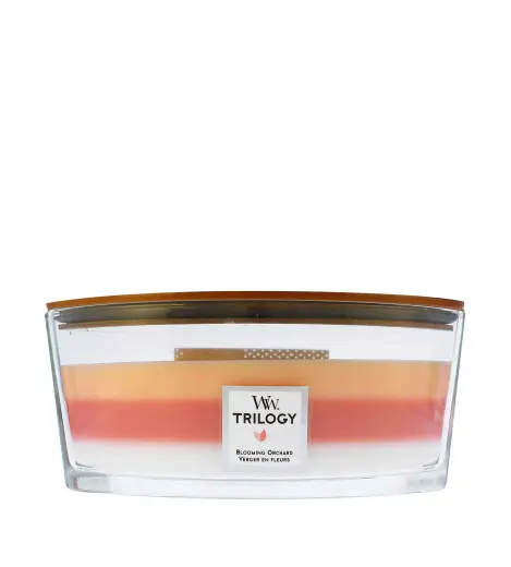 WoodWick Trilogy Blooming Orchard scented candle with wooden wick 453,6 g