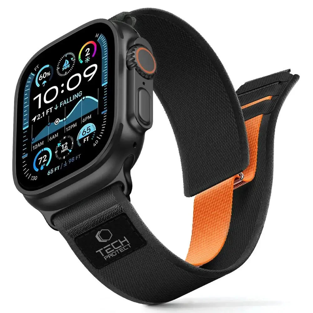 Tech-Protect viedpulksteņa siksniņa priekš Apple Watch 8/9/10/11/SE/Ultra (44/45/46/49 mm) | neilons | melna/oranža