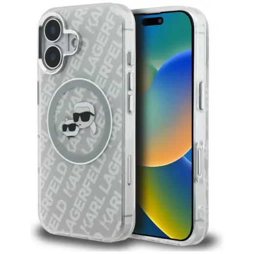Karl Lagerfeld IML Glitter Karl & Choupette Heads Logo чехол с поддержкой MagSafe для телефона iPhone 16 серый