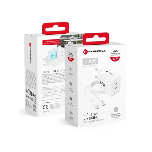 Forcell F-Energy Crystal Color tīkla lādētājs | 60W | GaN, PPS | USB-C | ar USB-C uz USB-C vadu komplektā | balts