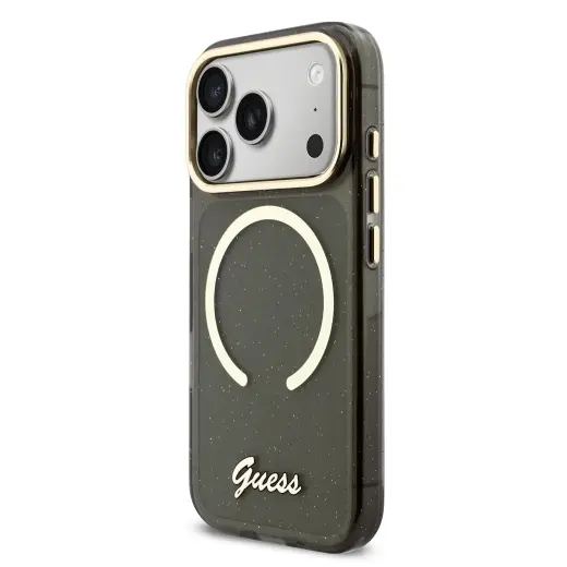 Guess IML Glitter Script Strap maciņš ar MagSafe atbalstu telefonam iPhone 17 Pro melns