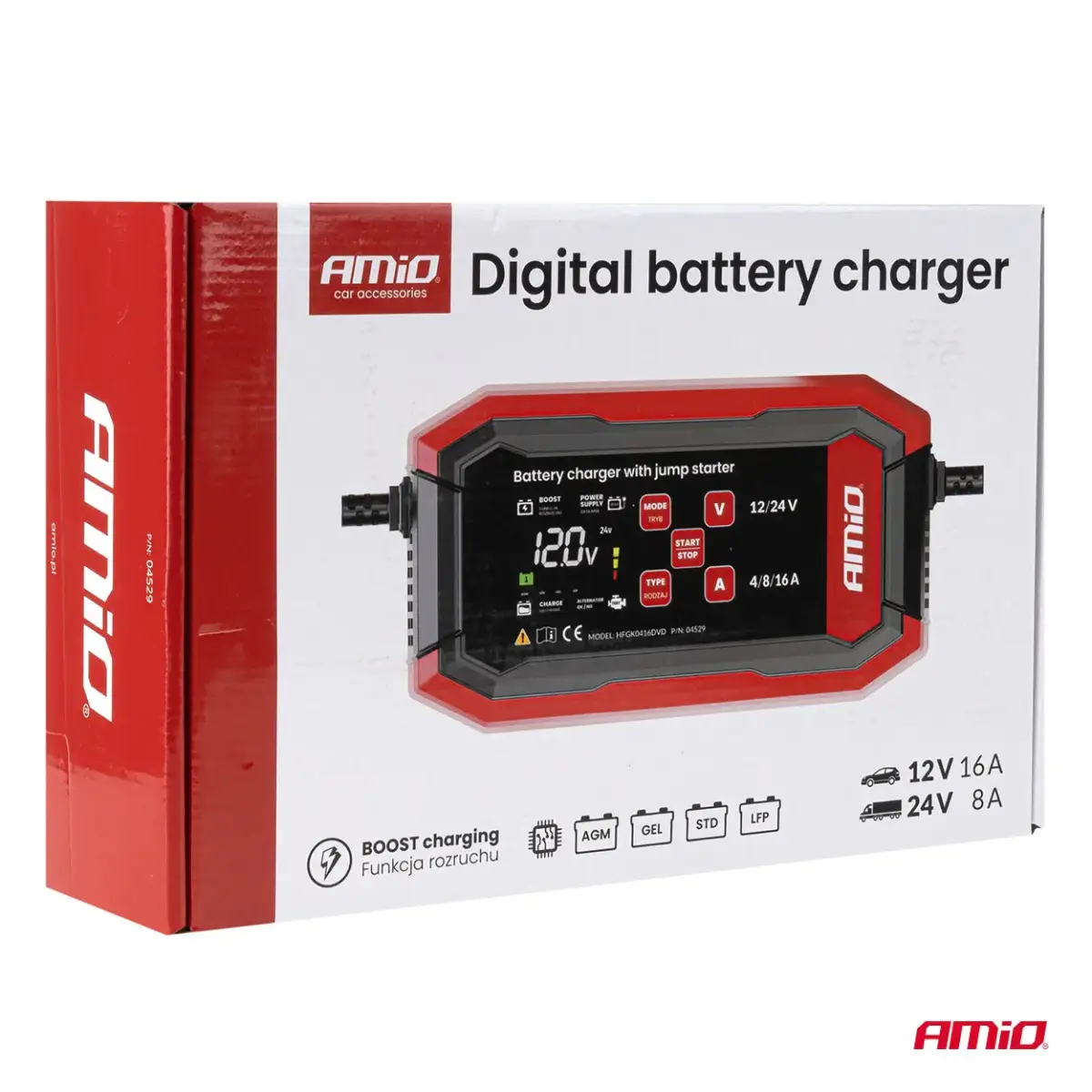Digital battery charger BOOST AGM GEL STD LiFePo4 MAX 16A 12/24V PRO AMIO-04529