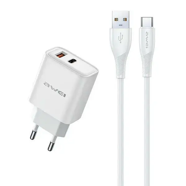 AWEI PD81T-EU travel charger | 22.5W | GaN | USB-A, USB-C | with USB-A to USB-C cable included | white