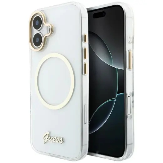 Guess IML Script Metal чехол с поддержкой MagSafe для телефона iPhone 17 прозрачный