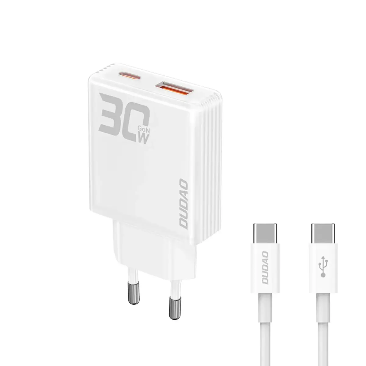 Dudao A30EUT tīkla lādētājs | 30W | GaN | USB-A, USB-C | USB-C uz USB-C vads komplektā | balts