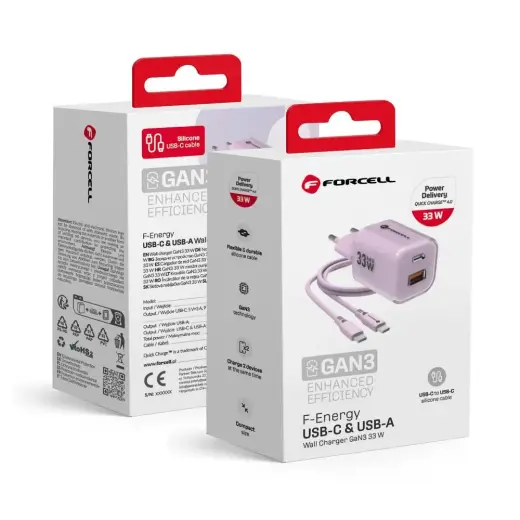 Forcell F-Energy GaN III Crystal Color tīkla lādētājs | 33W | PD, QC, GaN | USB-C, USB-A | ar USB-C uz USB-C vadu komplektā | violets