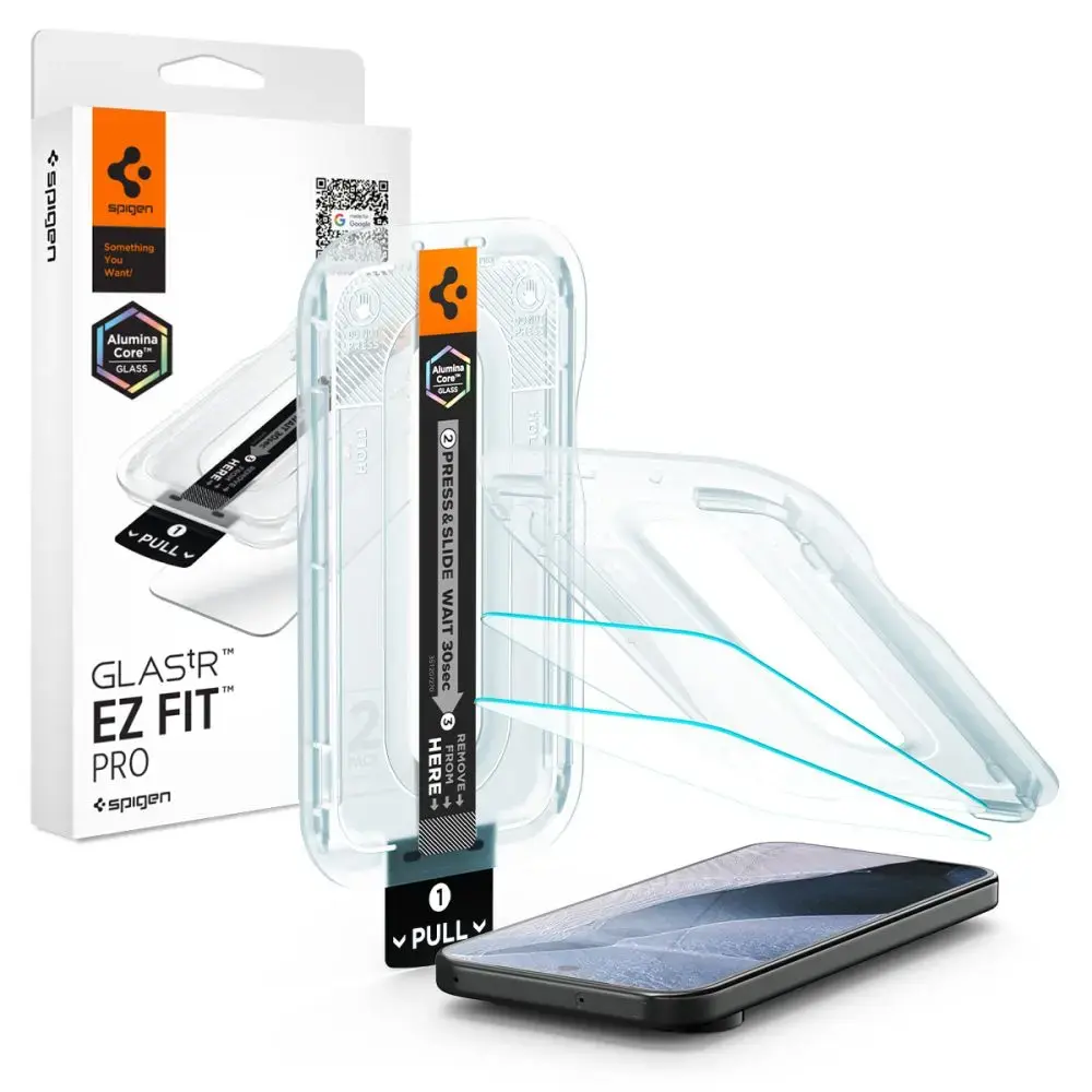 Spigen GLAS.TR EZ FIT PRO AC grūdintas apsauginis stiklas telefonui Google Pixel 11 | Google Pixel 11 Pro su montavimo rėmeliu (2 vnt.)