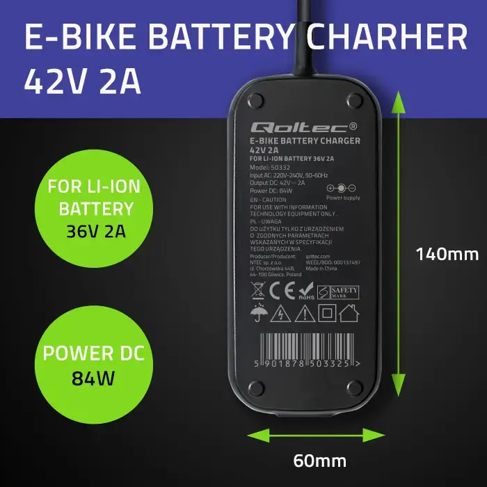 Qoltec Fast Charger for e-bike, electric scooter 36V | 42V | 2A | 5.5*2.1 | water resistant + power cable