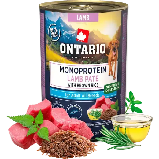Konservi suņiem - Ontario Adult Monoprotein Lamb Pate with Brown Rice 400g