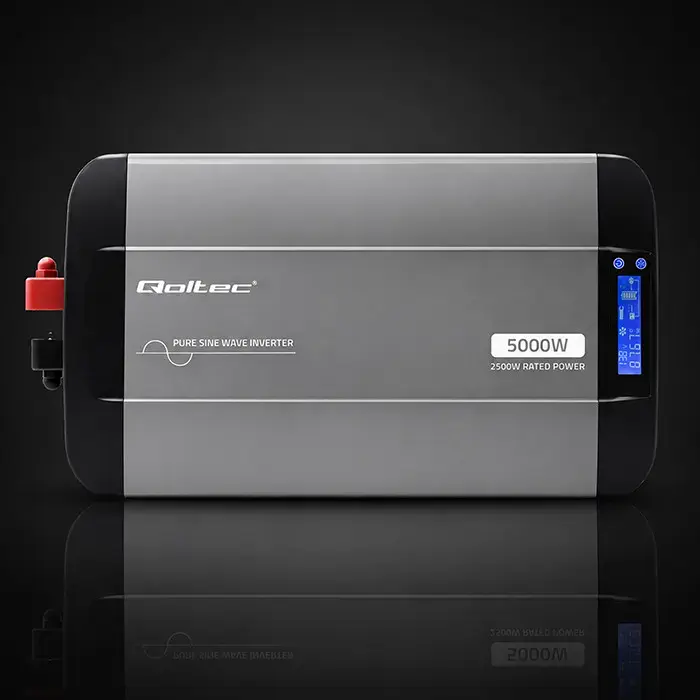 Qoltec Pure Sine Wave Inverter | 12V to 230V | 2500/5000W | LCD | USB | USC-C | Compatible with LiFePO4 GEL AGM