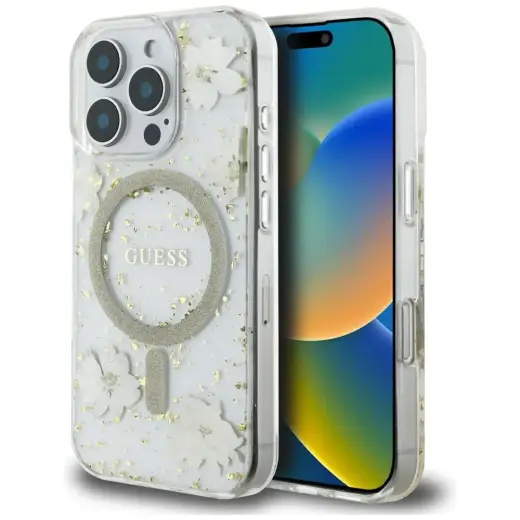 Case Guess Resin Flowers Glitter MagSafe for iPhone 16 Pro Max beige
