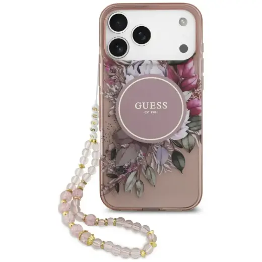 Case Guess IML Flowers Pearl Strap       MagSafe for iPhone 18 Pro Max / 17 Pro Max pink
