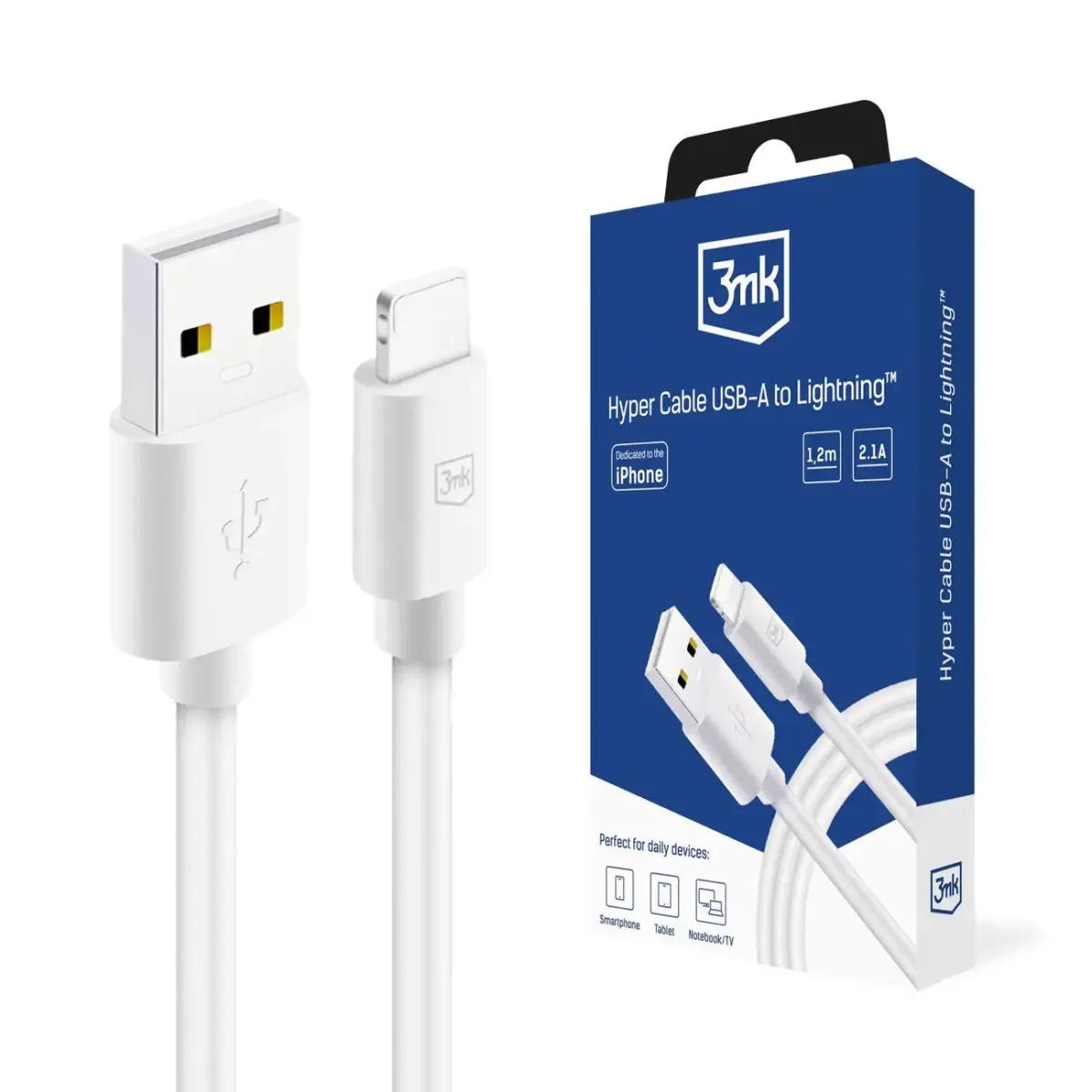 3mk Hyper data transfer and charging cable | USB-A to Lightning | 12W | 1.2m | white