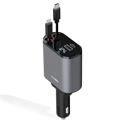 AutoSky 4-in-1 Retractable Fast Charger  For Cars: 100W Car USB-C & iPhone Cable  USB-C|A