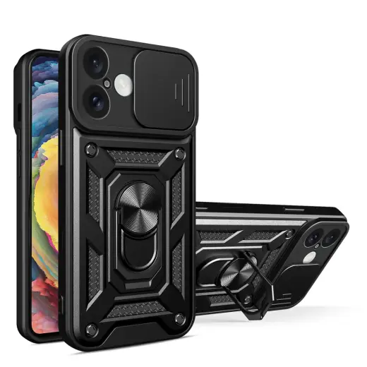 Hybrid Armor Camshield telefono dėklas su stovu iPhone 16 juodas (su kameros apsauga)